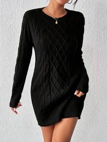 SHEIN Unity Women's Solid Cable Knit Sweater Dress New Year - Black - View 4