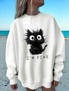 SHEIN EZwear 女士休闲简约猫咪印花宽松圆领长袖卫衣，适合秋冬季节穿着。