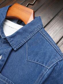 Manfinity Homme 男士休闲修身长袖牛仔衬衫，带口袋，街头风格，秋季 - 中等水洗藍 - 查看 7