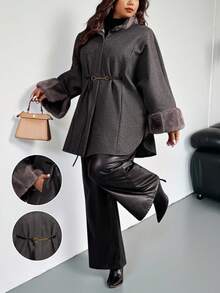 Firerie Plus Size Elegant Furry Collar Patchwork Dark Grey Casual Cloak Style Overcoat, Suitable For Home, Office, Outdoor, Cuff Fur Trim Elegant Commute & Date, Refined Afternoon Tea, Autumn/Winter/ Elegant Overcoat With Drawstring Waist Belt / Autumn And Winter Long Sleeve Loose Fur Patchwork Office Wear Coat Fall
