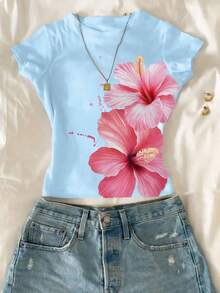 Tween Girl Floral Print Short Sleeve Casual Versatile T-Shirt For Summer