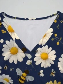 PopScrub Plus Size Scrub Uniform Top, Summer Cute Wild Flower & Bee Print Blouse, Fresh Pocket Shirt, V-Neck Short Sleeve Shirt For Women Wear, Halloween