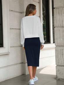 SHEIN LUNE 女士两件套V领字母印花长袖上衣和纯色无袖连衣裙套装，休闲百搭 - 藏蓝色 - 查看 3