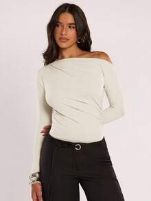 SHEIN BAE Women's Fashion Casual Solid Color Off-Shoulder Ruched Bodysuit