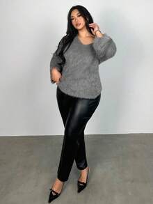 Firerie Plus Size Women's Grey Elegant V-Neck Fuzzy Pullover Sweater High-Elastic Trumpet Sleeve Knitwear Party, Wedding & Casual Commuting, Fall/Winter - Grey - View 8