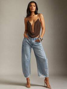 Denimoi Atasan Wanita Polos Seksi Model Crop dengan Hiasan Rantai dan Tali Bahu Tipis - Coklat - View 2