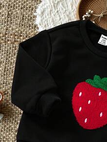 SHEIN Baby/Toddler Girls 0-3 Years Spring/Summer Casual Homewear & Outgoing Cute Fruit Strawberry Print Crew Neck Long Sleeve Sweatshirt + Ribbed Skinny Leggings Set Fall Winter - Black - View 8