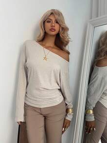 Aloruh Áo thun ôm sát dáng rộng phong cách Mỹ cổ điển, thu/đông - Màu be - Xem 5