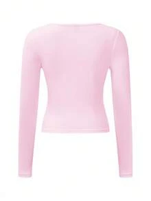 Almamuse Áo thun dài tay dáng ôm màu trơn đơn giản dành cho nữ, Xuân/Thu - Hồng - Xem 6