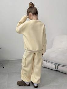 2 pièces/Set Sweat-shirt-shirt ample et décontracté à col ras du cou à manches longues et pantalon de sport oversize, convient pour le port quotidien et l'entraînement - Bleu azur - Voir 2
