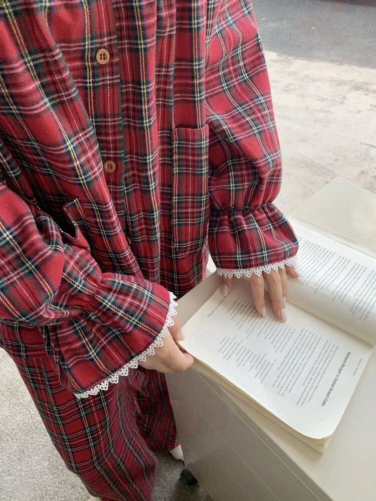Dazy Plus Plus Size Women Plaid Collar Flare Sleeve Top And Pants Christmas & New Year Sleepwear Set, Spring/Autumn, Fall Winter Clothes Checkered Pajamas Burgundy Pajama Set