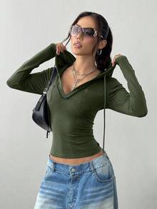 StreetHx Áo nỉ ngắn cổ chữ V có mũ trùm đầu thường ngày dành cho nữ - xanh quân đội - Xem 3