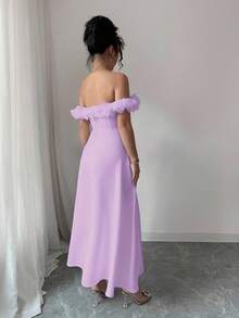 Elenzga Váy chữ A trễ vai họa tiết hoa phong cách Pháp thanh lịch mới, màu tím, thích hợp cho đám cưới, tiệc tùng, trở lại trường, trang phục giáo viên, Halloween, Lễ tạ ơn - Màu tím - Xem 2