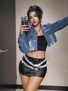 SHEIN PETITE Fashionable Washed Distressed Cropped Denim Jacket - Light Wash - View 3