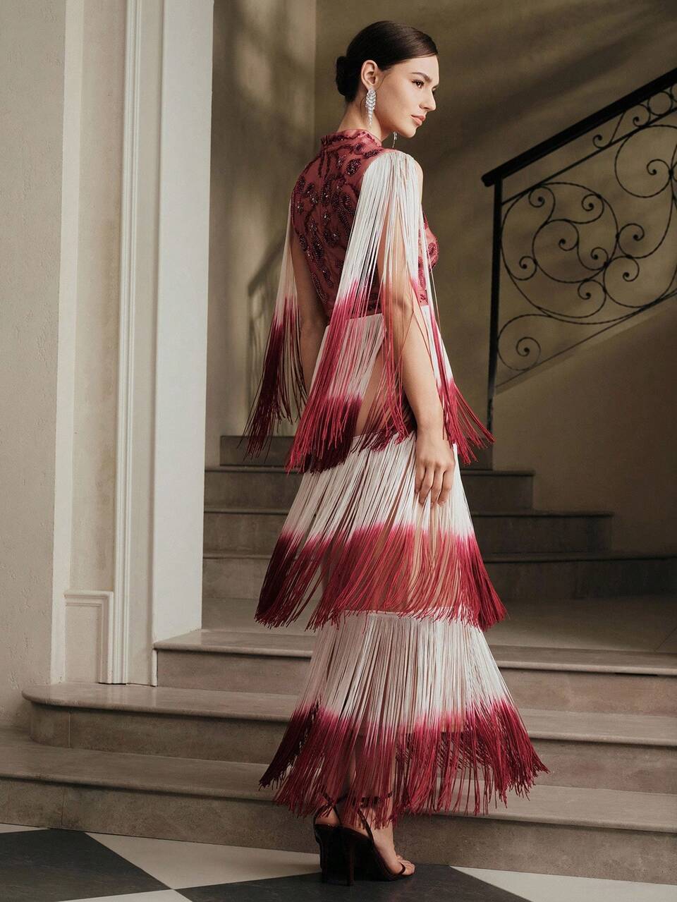 Women's Elegant Bohemian Patchwork Tassel Beaded Evening Dress,White Summer High-End Banquet Party Night Gown,Chic Wedding Party,Red Stylish Dress