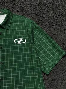 AXEPEAK 男士宽松英文字母和格子印花短袖绿色梭织衬衫，校园，街头风格 - 綠色 - 查看 7