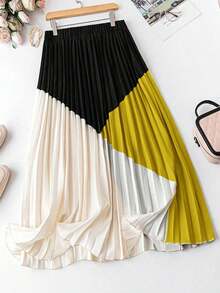 SHEIN Clasi Plus Size Women's Casual Vacation Colorblock A-Line Pleated Minimalist Everyday Printed Skirt, Suitable For Women's Vacation & Holiday Wear - Multicolor - View 2