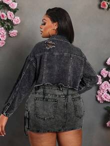 Slaydiva Damen Große Größen Denim Jacke mit ausgefransten Säumen, Lässig Frühling & Herbst Langarm Crop