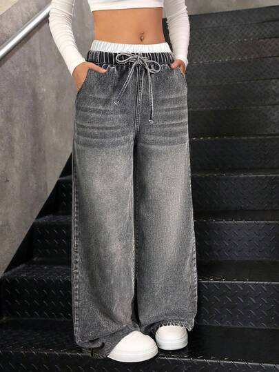 SHEIN Teen Girls Fashion Casual Y2k Vintage Cool Street Returns To School College Grey Denim And White Contrasting Color Double Waistband And Elastic And Drawstring Design Loose And Comfortable Jeans For Teen Girl Clothes Teen Girls Soft Dailywear And Teen Girl Winter And Fall Rave Outfits Festival And Outfits Streetwear School Clothes Baggy Jeans Y2k Baggy Jeans For Teen Girls