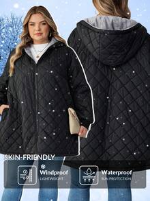 SHEIN CURVE+ Quần áo Curve Plus Size/Mùa thu/Quần áo mùa thu cho nữ/Quần áo mùa đông cho nữ/Quần áo mùa đôngÁo khoác lót nhiệt có mũ trùm đầu màu đen cỡ lớn cho nữ, Áo khoác mùa thu/đông cỡ lớn Quần áo mùa đông cỡ lớn cho nữ Quần áo Curve Plus cỡ lớn 8xl Quần áo nữ cỡ lớn 6xl Quần áo nữ - màu đen - Xem 3