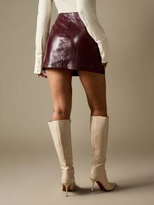 MISSGUIDED Minifalda de piel sintética con estampado de serpiente y detalle de hebilla para mujeres, moda de otoño e invierno - Marrón - Ver 2