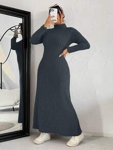 SHEIN EZwear 秋冬大码纯色立领长款休闲连衣裙 - 灰色 - 查看 3