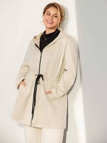 Momelise Neue Damen Jacke in Große Größen für Herbst/Winter, lässig mit Kapuze, Kordelzug, knielang in Beige, mit Taschen und Reißverschluss, tailliert, minimalistisch & vielseitig - Aprikosenfarben - Übersicht 6