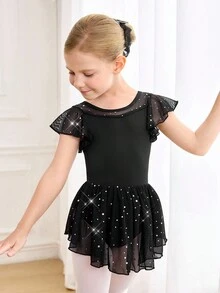 SHEIN 女童无袖紧身连衣裤，带荷叶边腰带蝴蝶结，校园比赛芭蕾舞裙，儿童可爱亮片网眼芭蕾舞裙，舞蹈连体衣 - 黑色 - 查看 6