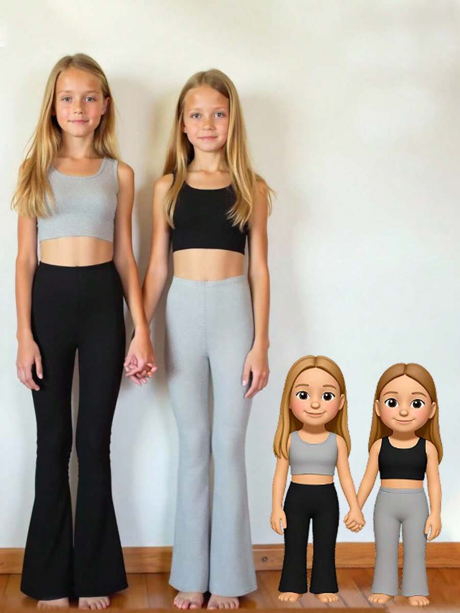 2pcs/Set Teen Girl Basic Solid Color Flared Leggings Chic For Autumn/Winter - Multicolor - View 1