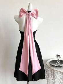 少女针织挂脖 A 字裙，收腰，大蝴蝶结后背，甜美、可爱、优雅、奢华风格，适合派对、聚会和生日活动 - 黑色 - 查看 2