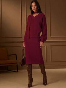 Lilora Damen Einfarbiger Pullover, Drop-Shoulder Langarm und gestrickter Mini-Rock Lässig 2-teiliges Set, Herbst - Bordeaux - Übersicht 5