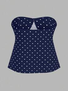 Sweetra 大码复古浪漫波尔卡圆点蝴蝶结抹胸上衣 - 藍色 - 查看 2