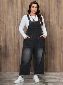 EMERY ROSE Plus Size Black Plus Size Pocket Flap Button Decor Casual Denim Bib Pants - Light Grey - View 5
