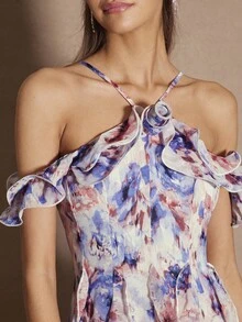 Enchnt 层叠荷叶边露肩开衩连衣裙 - 藍色 - 查看 2