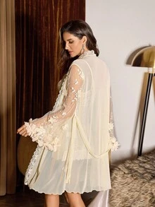 Slumberist Women's Sleepwear Set With Embroidered Floral Mesh Slip Dress And Robe Lace Sleepwear Lingerie Robe Set Long Sleeve Lingerie Set - Apricot - View 2