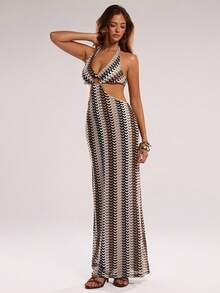 SHEIN BAE Váy hở lưng buộc eo họa tiết tương phản dành cho nữ - Đen và trắng - Xem 4