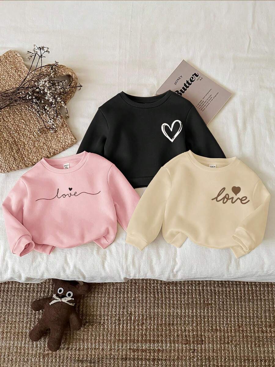 SHEIN Happikins 3件套女婴休闲简约爱心字母图案宽松加厚保暖长袖卫衣套装，适合秋冬季节穿着。 - 彩色 - 查看 1