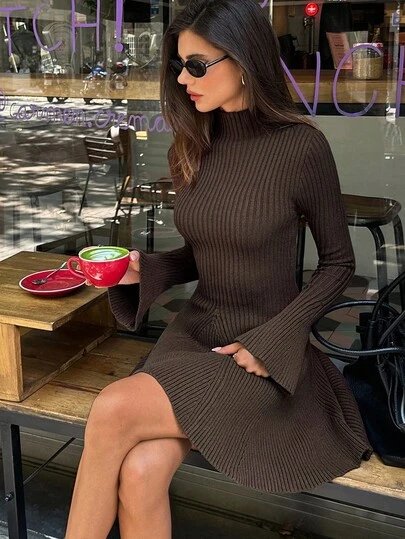 Aloruh Women's Elegant Business Commuting Daily Basic Style Old Money Style Coffee-Colored Sweater Dress Long Sleeve Brown Sweater Dress Dignified Simple Solid Color Sweater Mini Dress Coffee Color Bodycon Dress Casual Bell Sleeve Minimalist Short Sweater Dress,Fall Clothes For Women,Women's Winter Clothes