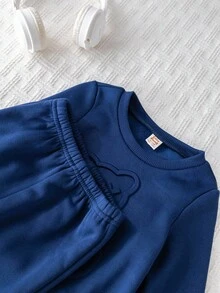 Cozy Pixies 2 pezzi Set di maglia a girocollo a maniche lunghe con motivo a rilievo di orsetto cartoni animati e pantaloni con vita elastica e polsini alla caviglia per bambini/bambine, con fodera in pile caldo, adatto per autunno/inverno, comodo, versatile, casual, carino, design semplice, adatto per interno, esterno, uso quotidiano, sport, gioco, festa, Ognissanti, Natale, Capodanno, ritorno a scuola