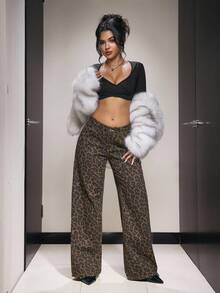 SHEIN PETITE 女款復古休閒豹紋寬鬆大廓形牛仔褲，適合嬌小女性 - 棕色 - 查看 6