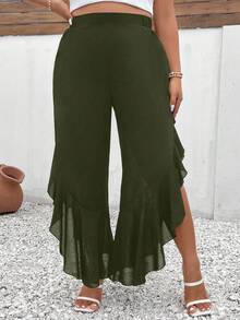 Elenzga Plus Size Ruffle Hem Chiffon Wide Leg Pants - Army Green - View 3