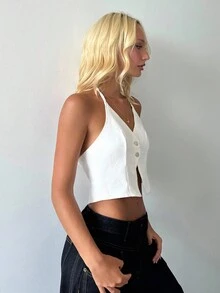 Aloruh Damen Einfarbiges Denim-Top mit Trägern und Rückenausschnitt - Weiss - Übersicht 3