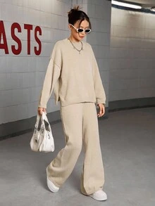 Sparklyn 少女纯色圆领长袖毛衣和裤子套装 - 杏色 - 查看 5