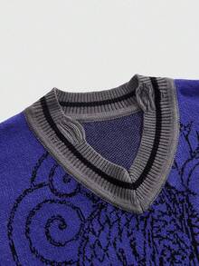 ROMWE MEN Anime Men's Casual V-Neck Jacquard Knit Sweater Vest, Fall Winter - Royal Blue - View 3