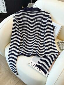 Elnivra French Retro Casual Vacation Daily Minimalist Versatile Fashion Spring Autumn Winter Women Crew Neck Contrast Color Wavy Knit Hollow Long Sleeve Sweater, Navy Blue & Beige - Navy Blue - View 2
