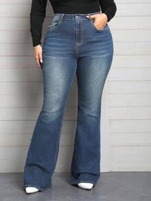 EMERY ROSE 冬季加大码女式高腰口袋休闲弹力喇叭牛仔裤 - 中等水洗藍 - 查看 1