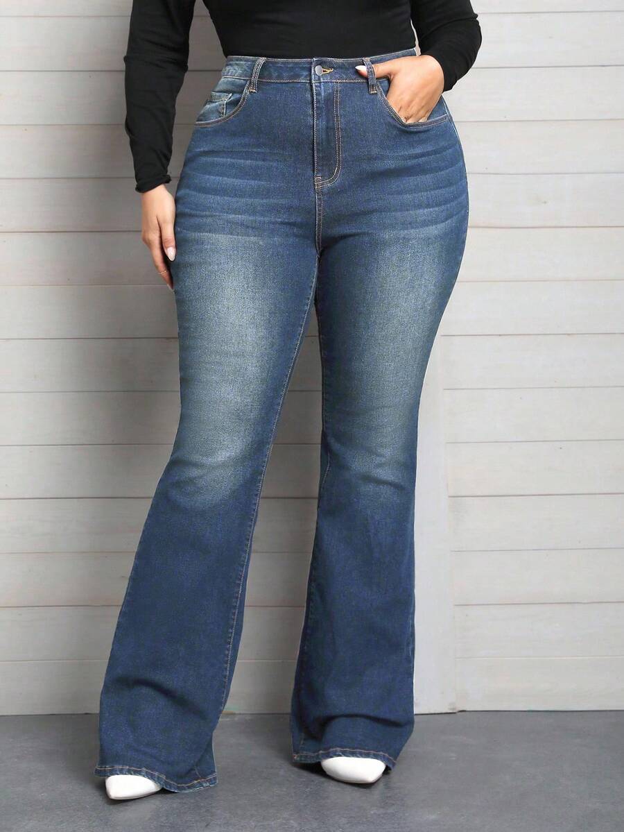 EMERY ROSE 冬季加大码女式高腰口袋休闲弹力喇叭牛仔裤 - 中等水洗藍 - 查看 1