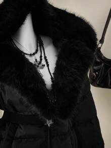 SHEIN ICON 女式纯色人造毛皮连帽长袖休闲束腰冬季夹克 - 黑色 - 查看 4