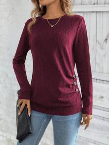 SHEIN LUNE Áo thun nữ tay dài cổ tròn xếp ly màu trơn đơn giản, thoải mái - Màu Đỏ Sâu - Xem 5