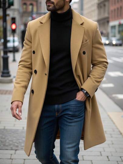 Manfinity CasualCool Abrigo largo de manga larga con bolsillo y botones delanteros de unicolor para hombres, abrigo largo de otoño para hombres